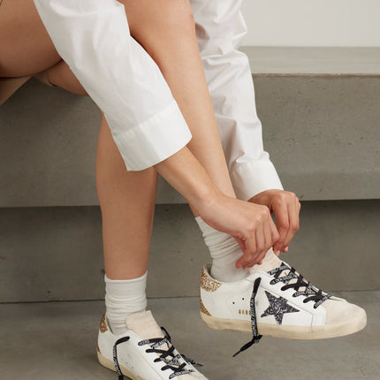 Golden Goose Women's Super Star Sneakers with Gold Glittery and Silver Star