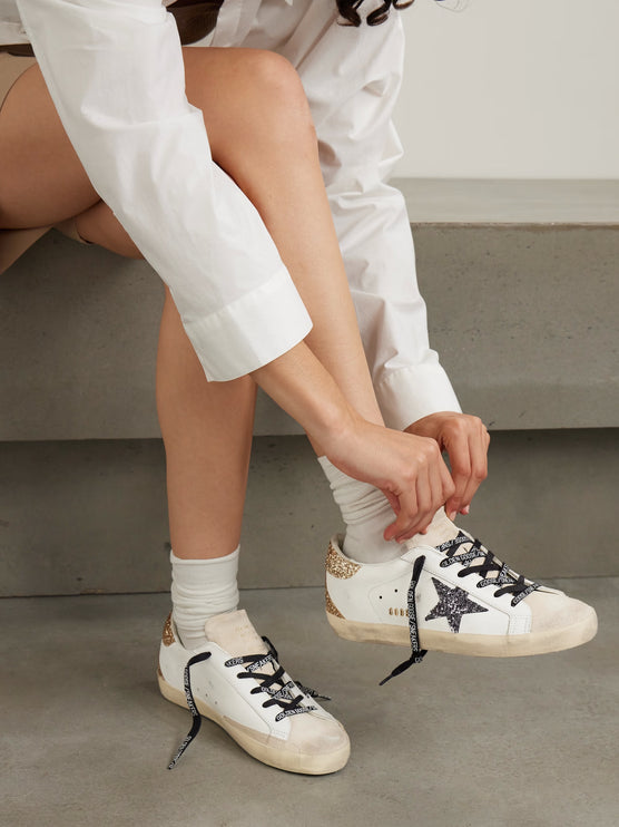 Golden Goose Women's Super Star Sneakers with Gold Glittery and Silver Star