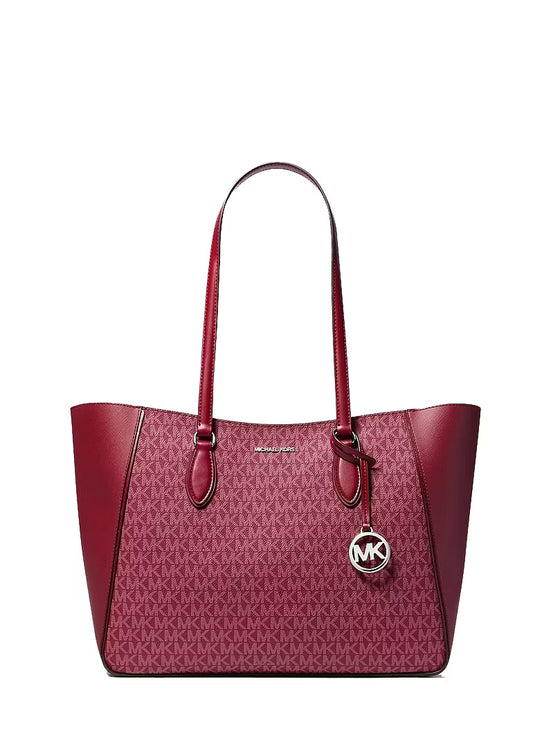 Michael Kors Women's Jet Set Travel Large 3-in-1 Signature Logo Tote Bag Maroon/Silver