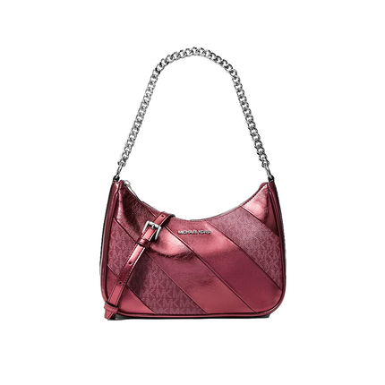 Michael Kors Women's Jet Set Travel Metallic and Signature Logo Convertible Pochette Bag Maroon/Silver