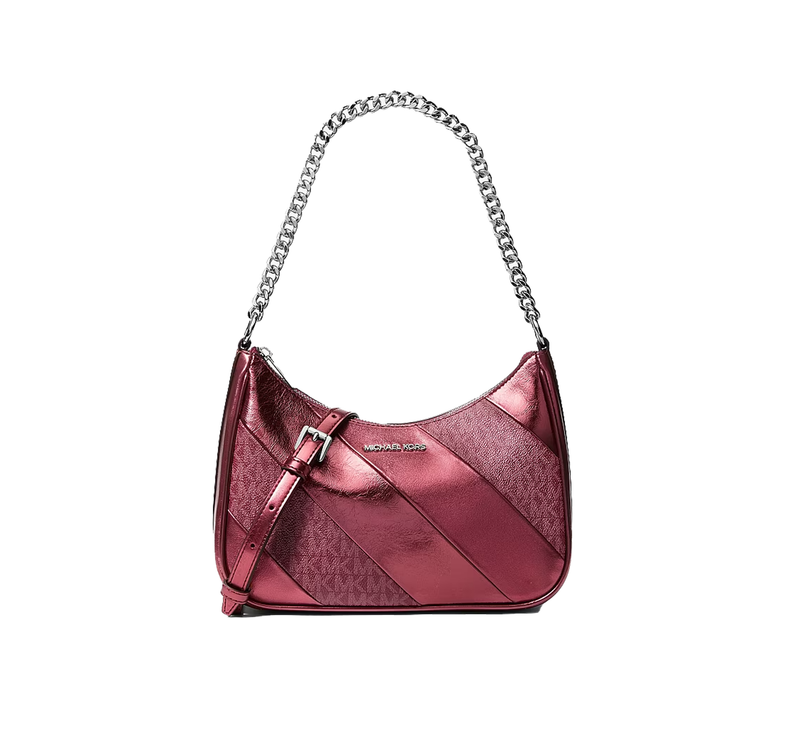 Michael Kors Women's Jet Set Travel Metallic and Signature Logo Convertible Pochette Bag Maroon/Silver