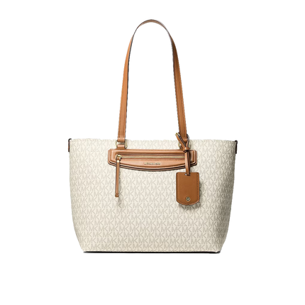 Michael Kors Women's Jet Set Travel Medium Signature Logo Tote Bag Vanilla/Acorn/Gold