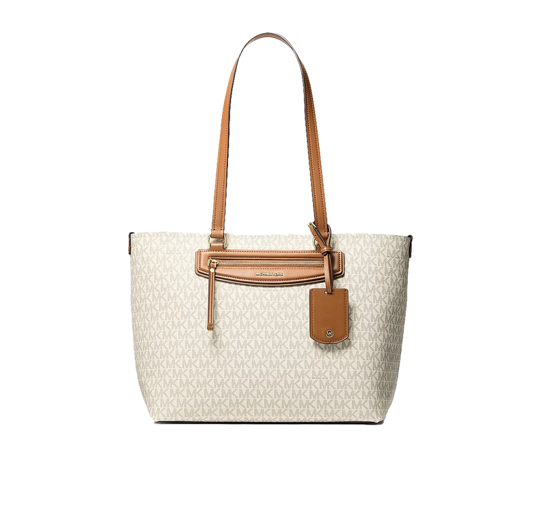 Michael Kors Women's Jet Set Travel Medium Signature Logo Tote Bag Vanilla/Acorn/Gold