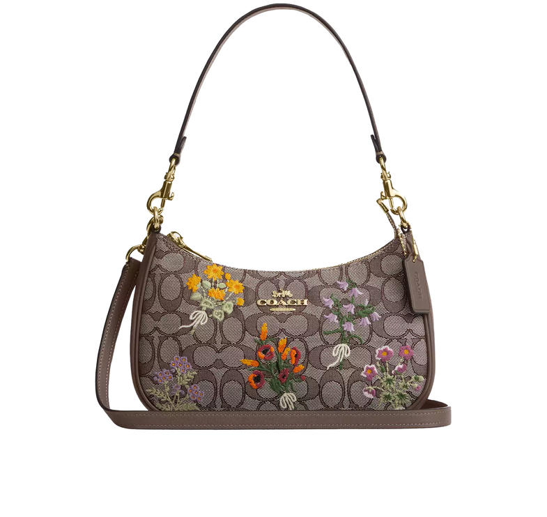 Coach Women's Teri Shoulder Bag In Signature Jacquard With Floral Embroidery Gold/Oak Multi