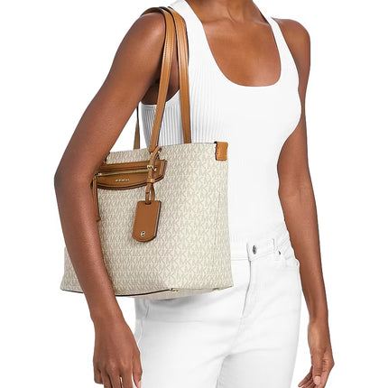 Michael Kors Women's Jet Set Travel Medium Signature Logo Tote Bag Vanilla/Acorn/Gold