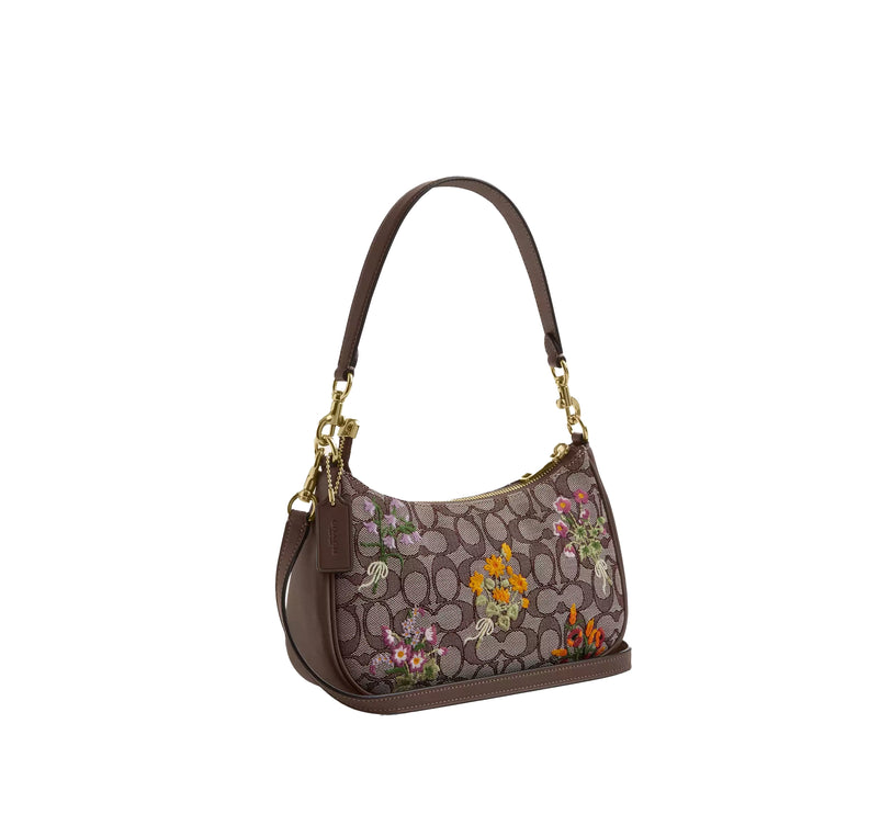 Coach Women's Teri Shoulder Bag In Signature Jacquard With Floral Embroidery Gold/Oak Multi