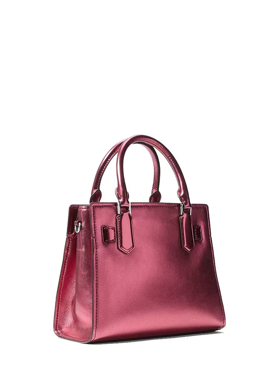 Michael Kors Women's Landon Small Metallic and Signature Logo Satchel Maroon/Silver