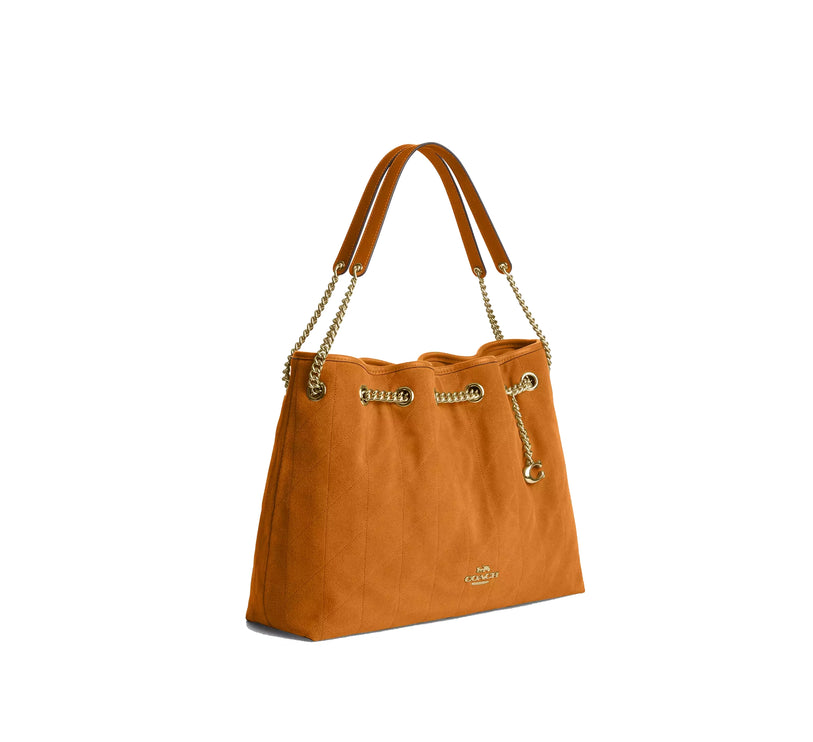 Coach Women's Evelyn Shoulder Bag With Quilting And Charm Suede/Gold/Marigold
