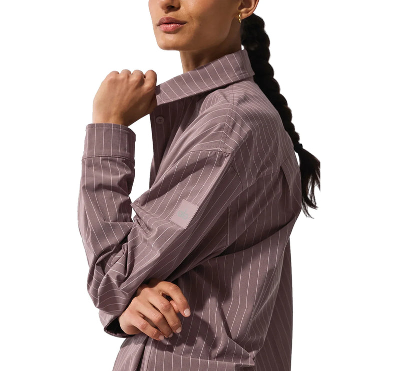 alo Women's Pinstripe Daylight Button Down Long Sleeve Mushroom/Ivory