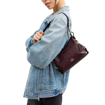 Coach Women's Laurel Shoulder Bag 22 With Buckles In Signature Canvas Gold/Black Currant