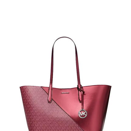 Michael Kors Women's Avalon Medium Metallic and Signature Logo Tote Bag Maroon