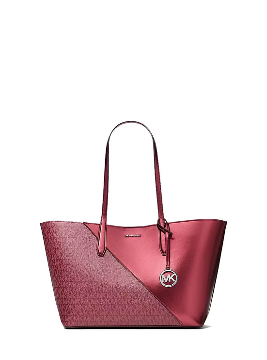 Michael Kors Women's Avalon Medium Metallic and Signature Logo Tote Bag Maroon