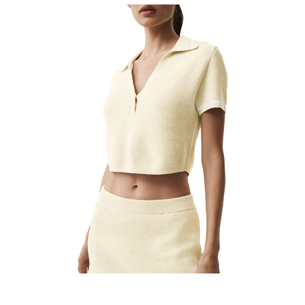 alo Women's Tennis Club Sweater Knit Cropped Polo Oatmeal/White