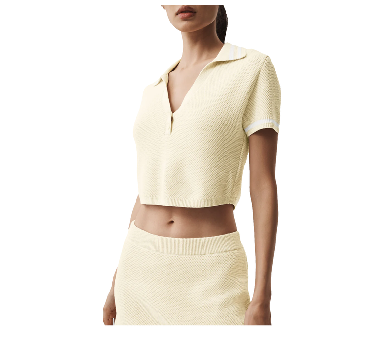 alo Women's Tennis Club Sweater Knit Cropped Polo Oatmeal/White