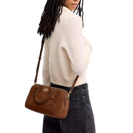 Coach Women's Rowan Satchel Bag Suede/Gold/Warm Brown