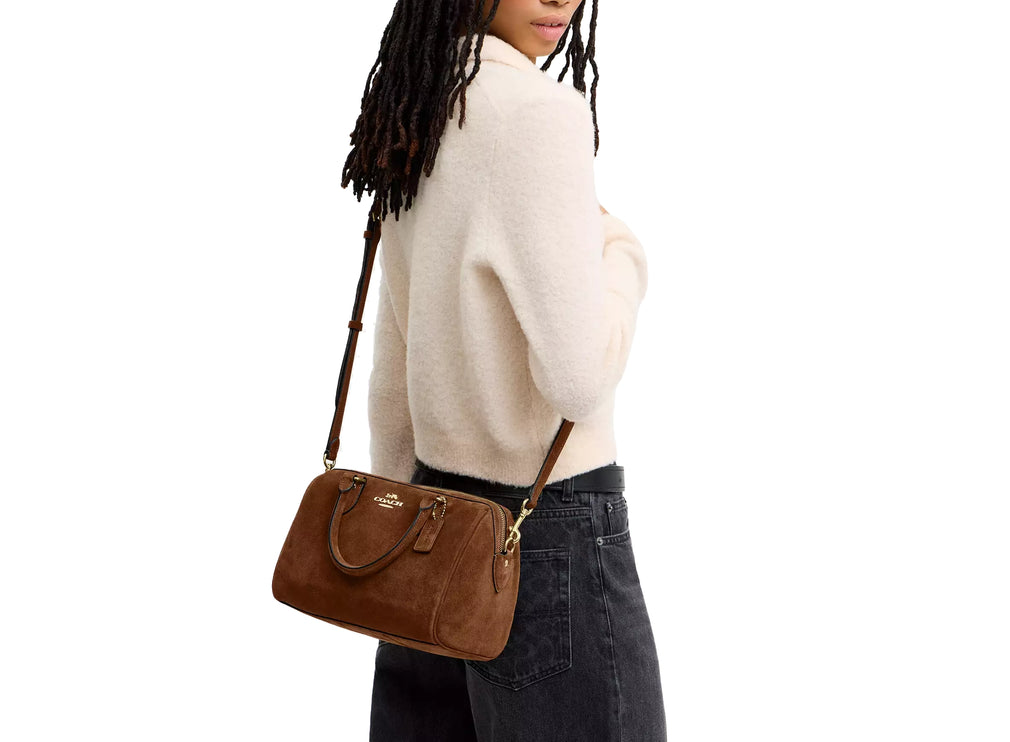 Coach Women's Rowan Satchel Bag Suede/Gold/Warm Brown