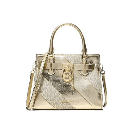 Michael Kors Women's Landon Small Metallic and Signature Logo Satchel Bag Pale Gold