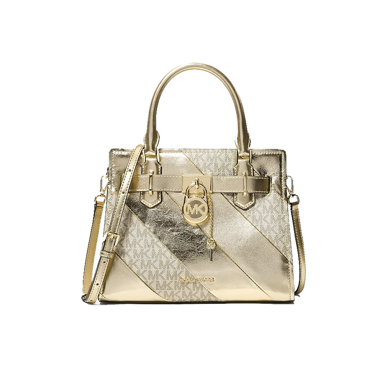 Michael Kors Women's Landon Small Metallic and Signature Logo Satchel Bag Pale Gold