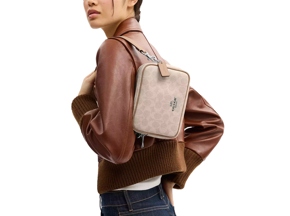 Coach Women's Mini Carey Crossbody Bag In Signature Canvas Silver/Sand/Taupe