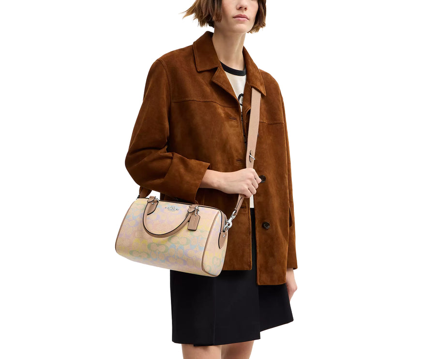 Coach Women's Rowan Satchel Bag In Rainbow Signature Canvas Silver/Sand Multi