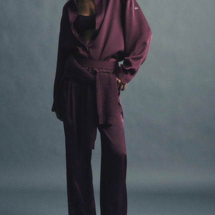 alo Women's Satin High-Waist Smooth Talker Pant (Regular) Rich Bordeaux