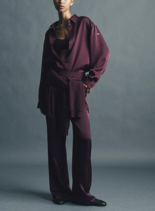 alo Women's Satin High-Waist Smooth Talker Pant (Regular) Rich Bordeaux