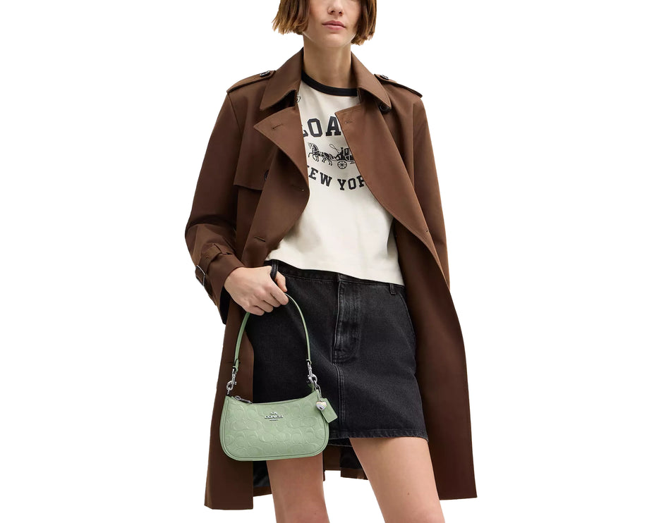 Coach Women's Teri Mini Crossbody Bag In Signature Leather With Heart Charm Silver/Green