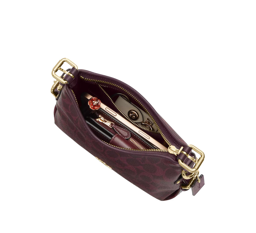 Coach Women's Laurel Shoulder Bag 22 With Buckles In Signature Canvas Gold/Black Currant