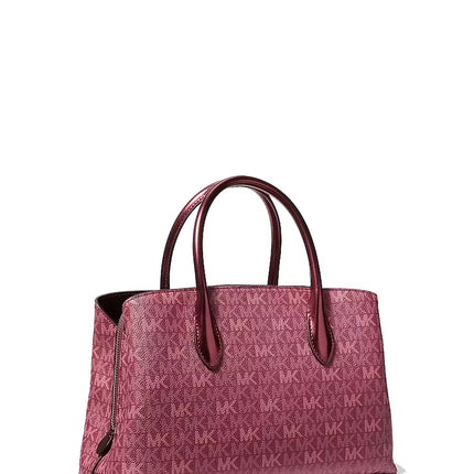 Michael Kors Women's Maya Medium Metallic Signature Logo Satchel Bag Maroon