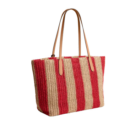 Coach Women's City Tote Bag With Stripes And Charm Gold/Red/Tan
