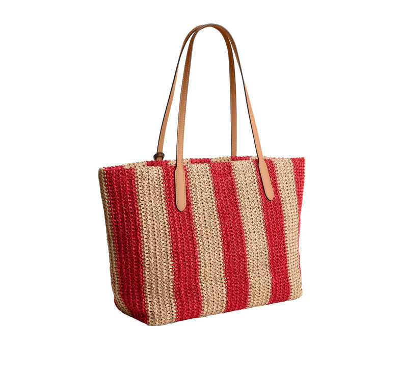 Coach Women's City Tote Bag With Stripes And Charm Gold/Red/Tan