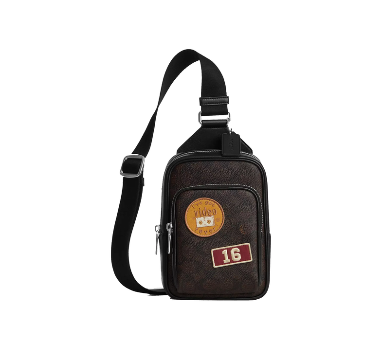 Coach Unisex Racer Sling Pack In Signature Canvas With Patches Silver/Walnut/Black