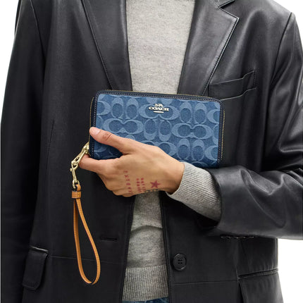 Coach Women's Long Zip Around Wallet In Signature Denim Gold/Indigo