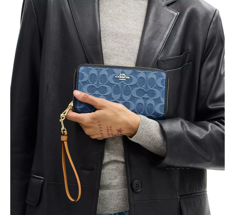 Coach Women's Long Zip Around Wallet In Signature Denim Gold/Indigo
