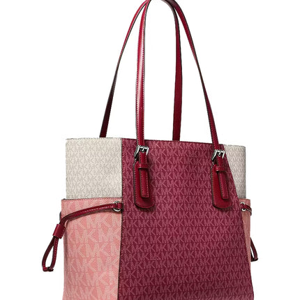 Michael Kors Women's Voyager Large Color-Block Signature Logo Tote Bag Maroon