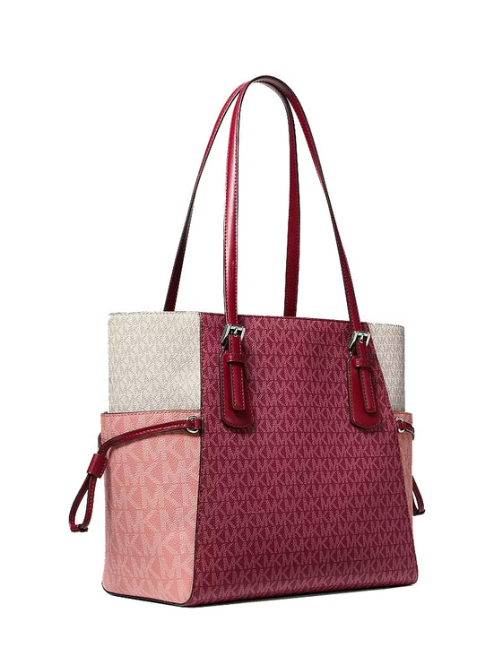 Michael Kors Women's Voyager Large Color-Block Signature Logo Tote Bag Maroon