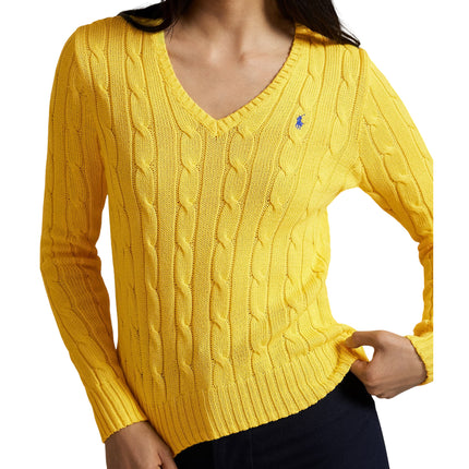 Polo Ralph Lauren Women's Cable-Knit Cotton V-Neck Sweater Trainer Yellow
