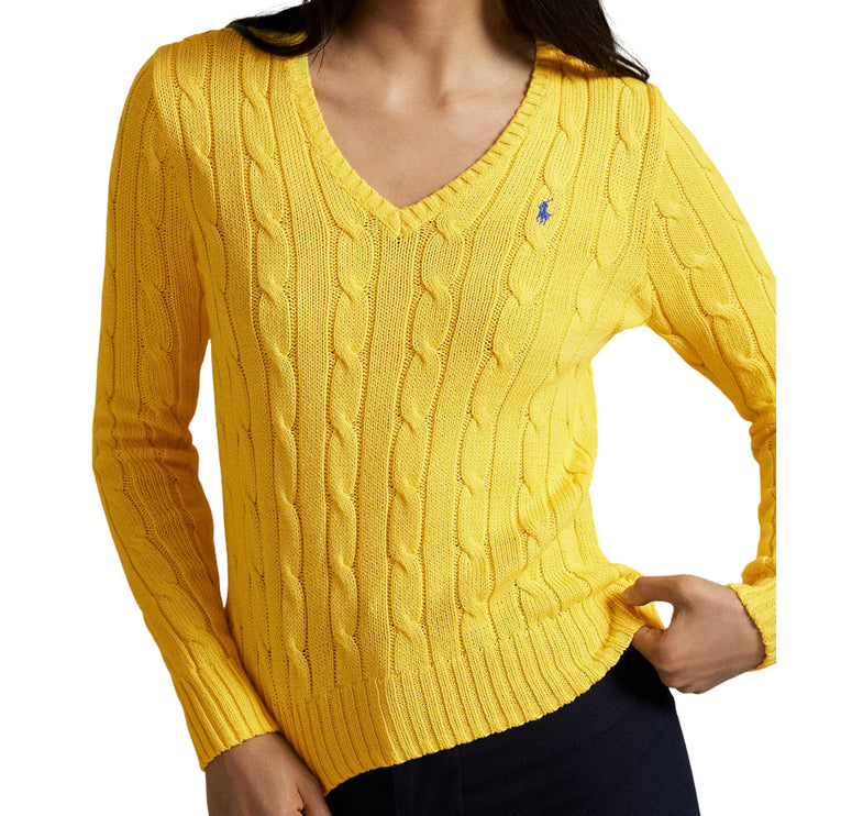 Polo Ralph Lauren Women's Cable-Knit Cotton V-Neck Sweater Trainer Yellow