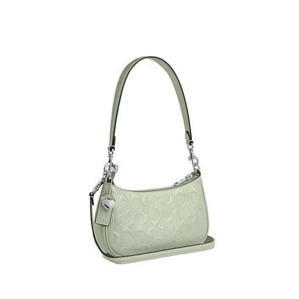 Coach Women's Teri Mini Crossbody Bag In Signature Leather With Heart Charm Silver/Green