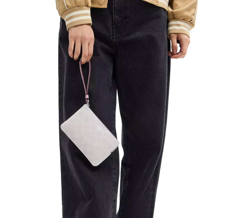 Coach Women's Corner Zip Wristlet In Signature Canvas Silver/Chalk/Carnation