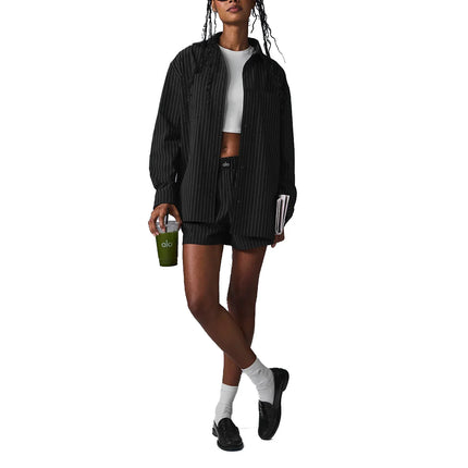 alo Women's Pinstripe Daylight Button Down Long Sleeve Black/Titanium