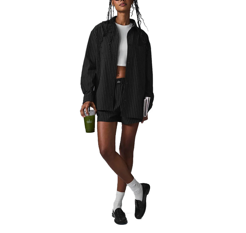 alo Women's Pinstripe Daylight Button Down Long Sleeve Black/Titanium