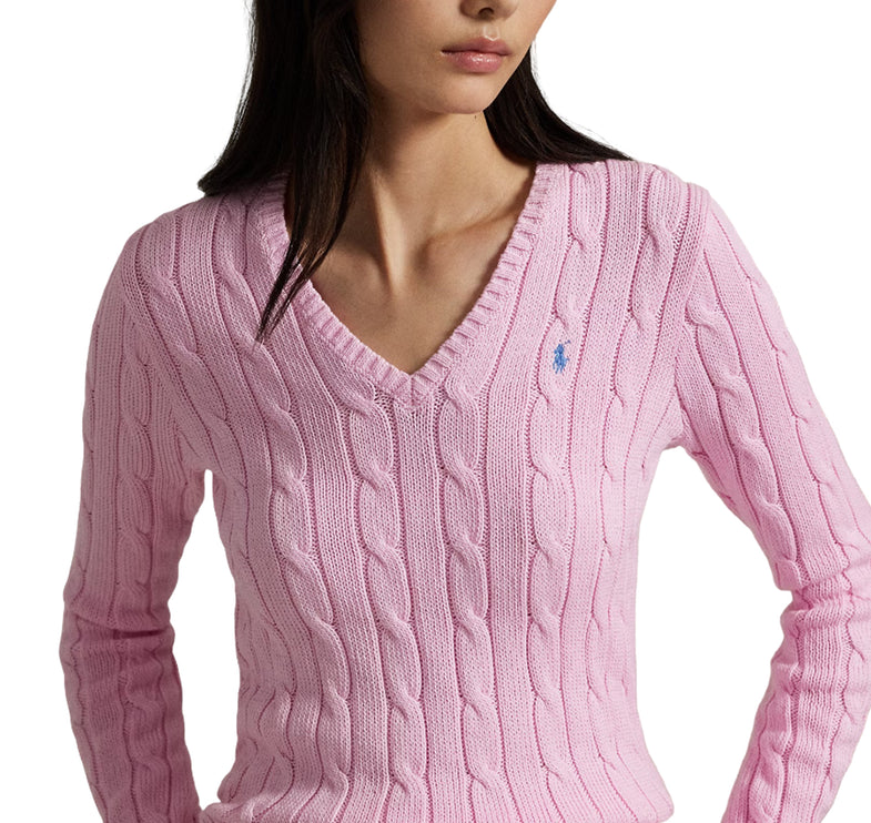 Polo Ralph Lauren Women's Cable-Knit Cotton V-Neck Sweater Carmel Pink