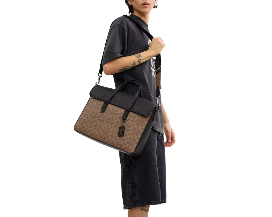 Coach Unisex Sullivan Portfolio Brief In Signature Canvas Gunmetal/Tan/Black