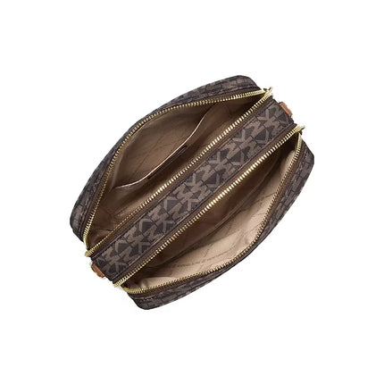 Michael Kors Women's Bryant Medium Signature Logo Print Woven Camera Crossbody Bag Brown/Acorn