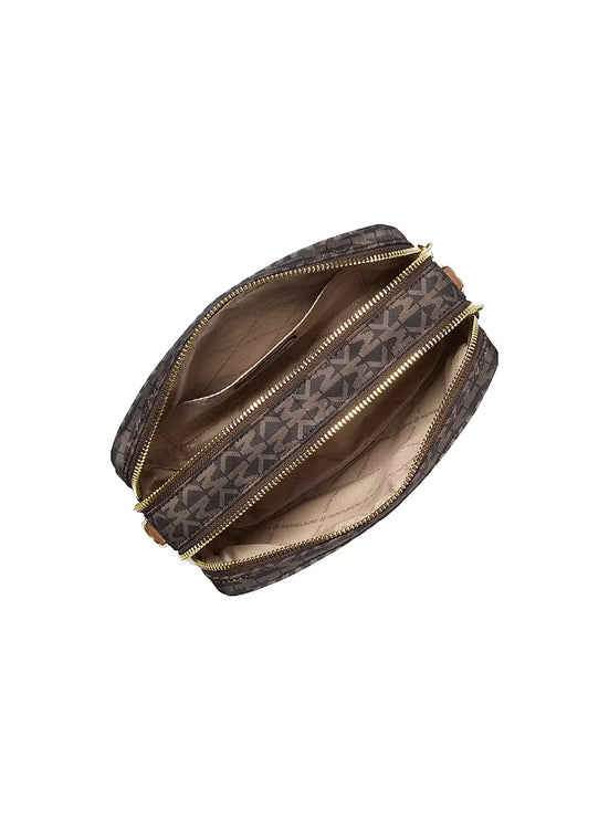 Michael Kors Women's Bryant Medium Signature Logo Print Woven Camera Crossbody Bag Brown/Acorn