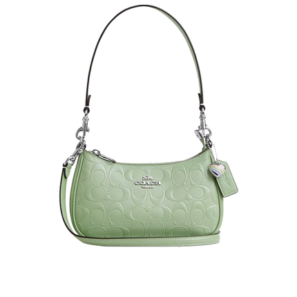 Coach Women's Teri Mini Crossbody Bag In Signature Leather With Heart Charm Silver/Green