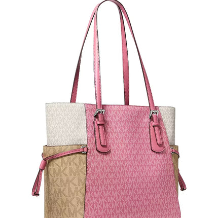 Michael Kors Women's Voyager Large Color-Block Signature Logo Tote Bag Rosewood Multi