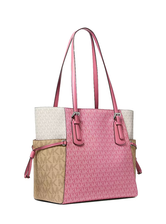 Michael Kors Women's Voyager Large Color-Block Signature Logo Tote Bag Rosewood Multi