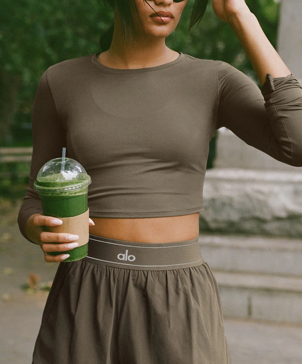 alo Women's Alosoft Crop Finesse Long Sleeve Olive Tree